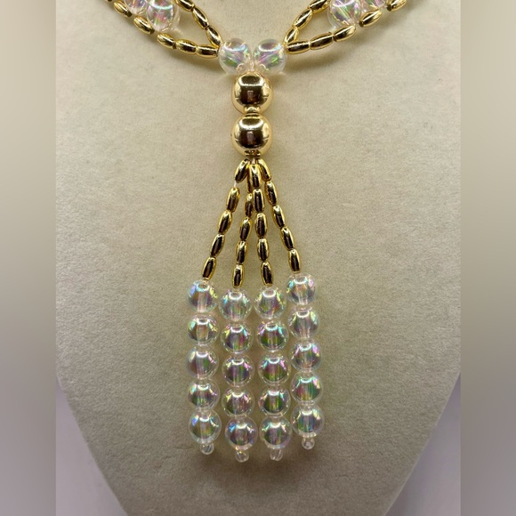 Crystal AB beads and gold lucite beads tassel necklace - Picture 2 of 4